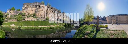 Europe, Luxembourg, Luxembourg City, The ancient Stierchen Bridge across the Alzette River, below the Casemates du Bock fortifications Stock Photo
