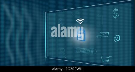 Internet interface security on blue virtual screen with customer secure connection Icons. Copy space text. Stock Vector