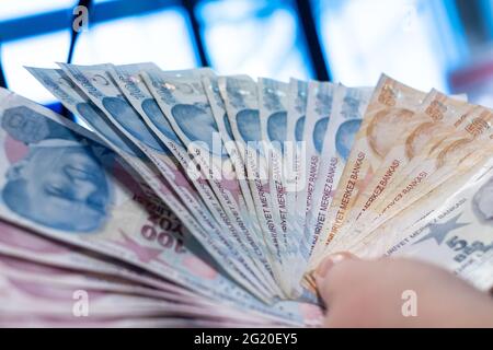 Current Turkish liras are issued by The Central Bank of the Republic of Turkey, CBRT in 2009. Stock Photo