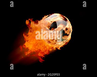 3d illustration of flying burning soccer ball on black background. Conceptual 3d rendering  Stock Photo