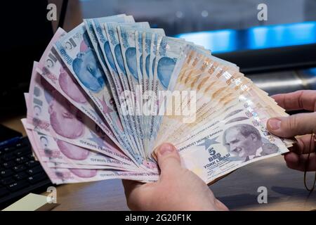 Current Turkish liras are issued by The Central Bank of the Republic of Turkey, CBRT in 2009. Stock Photo