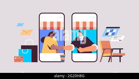 businesspeople shaking hands business partners on smartphones screen making deal agreement partnership Stock Vector