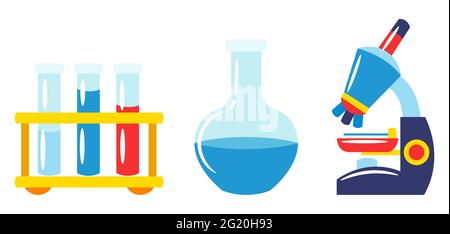 School and education chemistry items. Set of supplies and stationery. Stock Vector