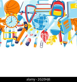 School seamless pattern with education items. Supplies and stationery background. Stock Vector