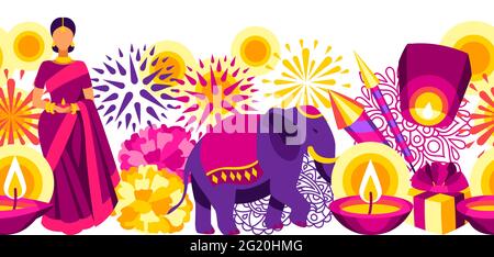 Happy Diwali seamless pattern. Deepavali or dipavali festival of lights. Stock Vector
