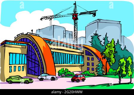 Modern building with a curved red roof and large windows. There are cars in the parking lot. Stock Vector