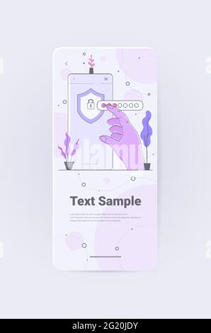 human hand entering passcode on smartphone with protection shield mobile account locked privacy security Stock Vector