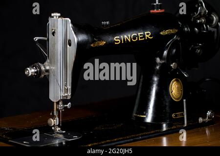 Singer sewing machine dolly close up vintage sewing machine. Stock Photo