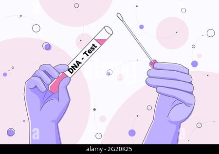 nurses hands holding buccal cotton swab and test tube ready to collect DNA from the cells genetic engineering Stock Vector