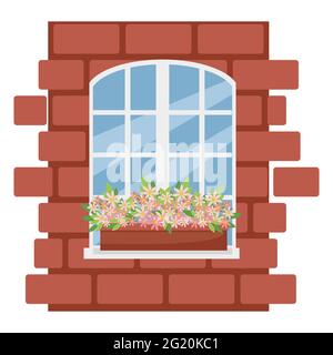 Chamomiles in a pot on a white box, brick wall, vector illustration in flat style, cartoon, isolated Stock Vector