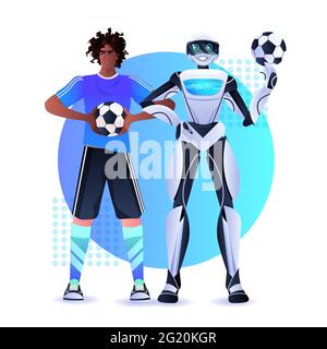 african american man and robot soccer players holding balls artificial intelligence technology concept Stock Vector