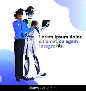 police robot with african american patrol man cops in uniform using tablet pc artificial intelligence technology Stock Vector