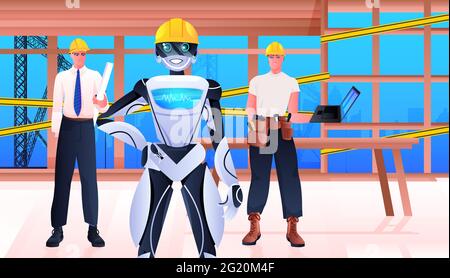 robot and workmen engineers in hardhats standing on construction site artificial intelligence technology concept Stock Vector