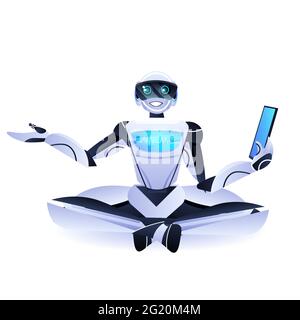 modern robot sitting lotus pose robotic character using tablet pc artificial intelligence technology concept Stock Vector