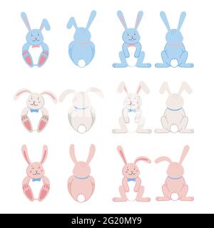 Easter rabbits. Easter cartoon bunny from front and backside on white background. Flat style vector illustration. Stock Vector
