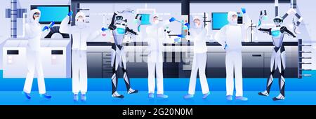 robots with scientists in protective suit making experiments in lab genetic engineering artificial intelligence concept Stock Vector