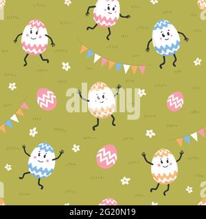 Easter seamless pattern. Colored eggs with cute faces dancing on a green lawn. Easter eggs friends with funny faces. Egg hunt. Flat style vector illus Stock Vector
