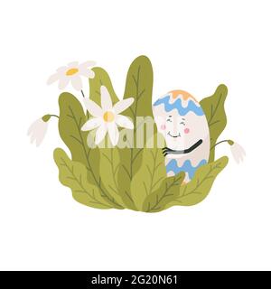 Easter. Colored egg with cute face hiding in green grass. Easter egg with funny face on white background. Egg hunt. Flat style vector illustration Stock Vector