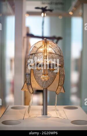 A replica of the Sutton Hoo helmet, The British Museum, London Uk Stock Photo