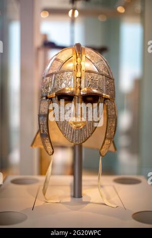 A replica of the Sutton Hoo helmet, The British Museum, London Uk Stock Photo