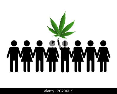 Sketch of crowd and leader with green hemp leaf. Cannabis legalization concept. Vector. Stock Vector