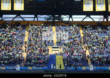 KHARKIV, UKAINE - JUNE 07, 2021 - Fans cheer during the friendly match between the national teams of Ukraine and Cyprus which resulted in a home win 4:0 at the Matalist Regional Sports Complex, Kharkiv, northeastern Ukraine Credit: Ukrinform/Alamy Live News Stock Photo