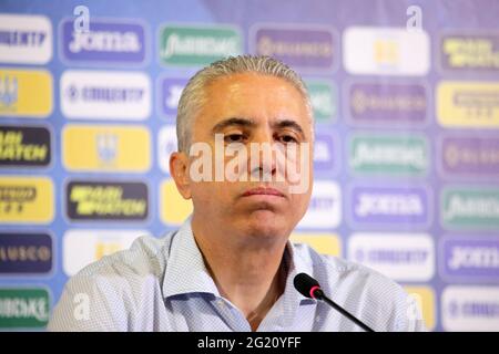 KHARKIV, UKRAINE - JUNE 07, 2021 - Head coach of the national football team of Cyprus Nikolaos Kostenoglou attends a news conference after the friendly match against Ukraine, Kharkiv, northeastern Ukraine. Credit: Ukrinform/Alamy Live News Stock Photo