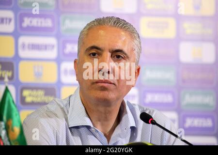 KHARKIV, UKRAINE - JUNE 07, 2021 - Head coach of the national football team of Cyprus Nikolaos Kostenoglou attends a news conference after the friendly match against Ukraine, Kharkiv, northeastern Ukraine. Credit: Ukrinform/Alamy Live News Stock Photo