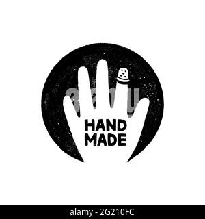 Hand made round icon or logo. Vintage stamp icon with handmade lettering and hand image. Vintage vector illustration for banner and label design Stock Vector