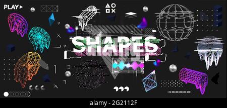3D shapes and trendy universal elements with glitch, bag and liquid effects. Retrofuturism shapes collection in memphis and vaporwave style. Glitch Stock Vector
