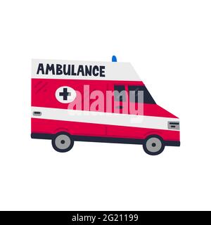 Ambulance car. Emergency Help service. Side view of Red emergency car on white background. Simple flat style vector illustration Stock Vector