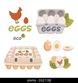 Set of chicken eggs, Eggs in cardboard boxes and Fresh farm eggs logo. Organic farm product, eco. Cooking ingredient. Flat style vector illustration Stock Vector