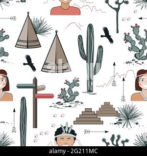 Seamless pattern with Kids in Native Indian headbands, tepee, and cacti. Saguaro, opuntia, and wigwams. Vector illustration Stock Vector