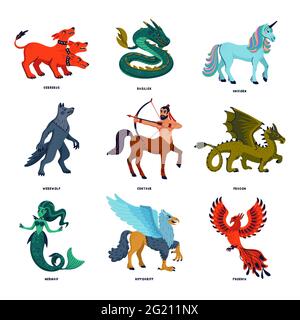 Magical creatures set. Mythological animals. Flat style vector illustration isolated on white background Stock Vector