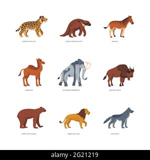 Extinct animals. Prehistoric American extinct wild animals. Flat style vector illustration isolated on white background Stock Vector