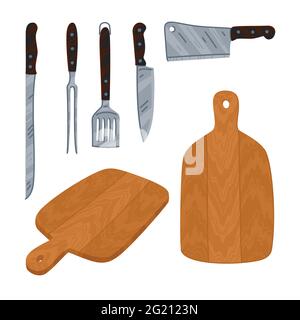 Set of knives and cutting boards. Kitchen accessories isolated on white background. Simple flat style vector illustration Stock Vector