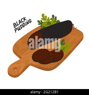 Black pudding. Meat delicatessen on a wooden cutting board. Slices of english traditional blood sausage. Simple flat style vector illustration Stock Vector