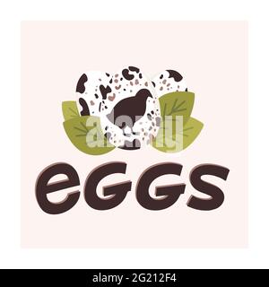 Quail spotted eggs. Fresh farm eggs logo. Silhouette of quail and green leaves on light background. Flat style vector illustration Stock Vector