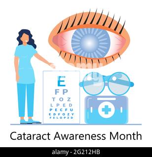 Cataract awareness month is celebrated in June. Glaucoma disease and nephropathy problems. Ophthalmologist, oculist concept illustration. Eyesight che Stock Vector