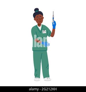 Nurse - African American nurse in green scrubs holding syringe. Medical team in conditions of coronavirus pandemic, fight against covid-19. Flat style Stock Vector