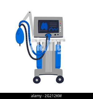 Ventilator Medical Machine. Ventilator machine used to assist breathing. Medical care and fight against covid-19. Flat style vector illustration on wh Stock Vector