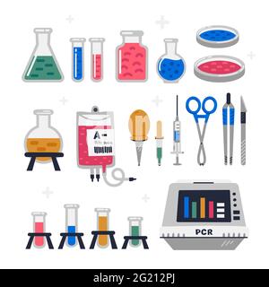 Laboratory equipment, glassware set. Chemical or biological science lab experiment tools for research and testing. Flat style vector illustration on w Stock Vector