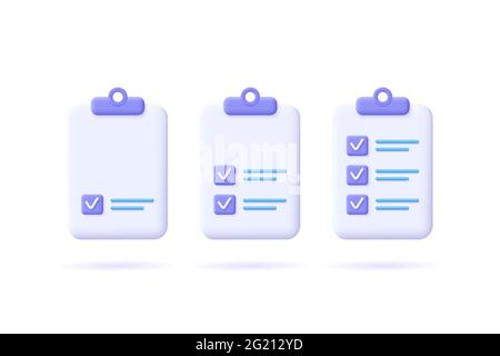 Task management check list, efficient work, project plan, fast progress, level up concept, assignment and exam, productivity solution icon.  3d vector Stock Vector