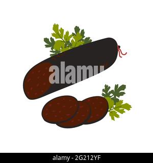 Black pudding. Meat delicatessen on white background. Slices of english traditional blood sausage. Simple flat style vector illustration Stock Vector