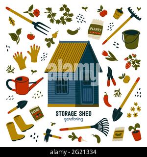 Storage shed. Blue storage shed and different types of tools for gardening and landscaping. Vector illustration in flat cartoon style on white backgro Stock Vector