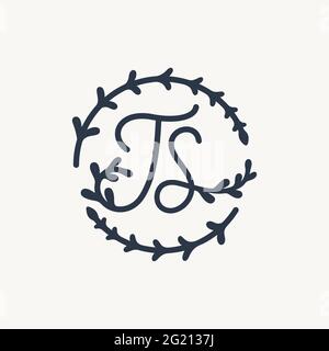 T S TS monogram logo. Ts minimalist handwriting initials or icon with floral elements. Design for wedding invitation, floral and botanical shop. Black Stock Vector