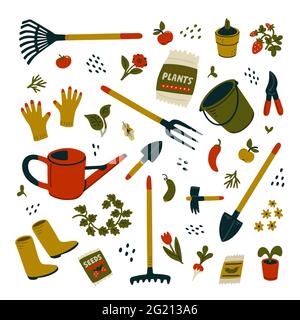 Garden equipment set. Different types of tools for gardening. Vector illustration in flat cartoon style on white background Stock Vector