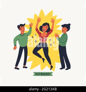 Extrovert. Extraversion and introversion concept - a young happy woman in the spotlight, talking with friends. Vector illustration in flat cartoon sty Stock Vector