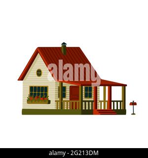 Country house with terrace. Wooden white house in rustic style with red roof. Vector illustration in flat cartoon style on white background Stock Vector