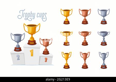Trophy cups on a podium. Gold, silver, and bronze winner prize cups set with different shapes - 1st, 2nd, and 3rd place trophies on a white pedestal. Stock Vector